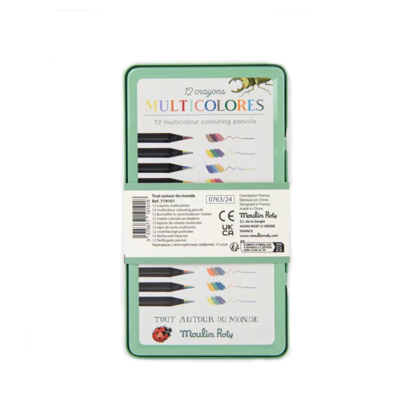 12 Lápices Multicolor en Caja de Metal - Aúpa Organics