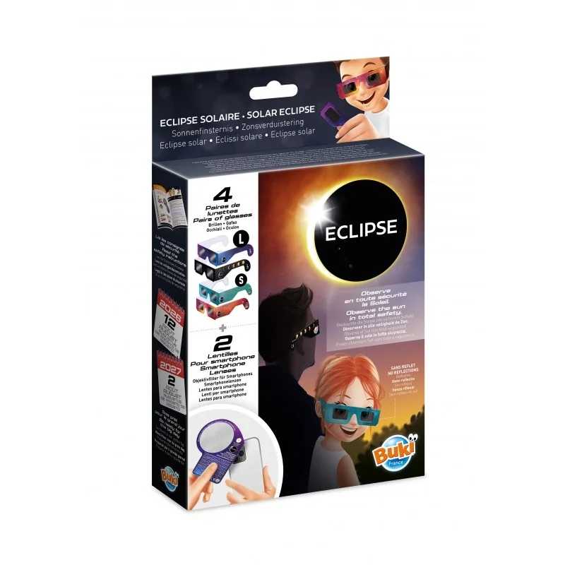 Kit para Eclipse Solar Buki | 4 Gafas Certificadas + Filtros para Smartphone - Aúpa Organics