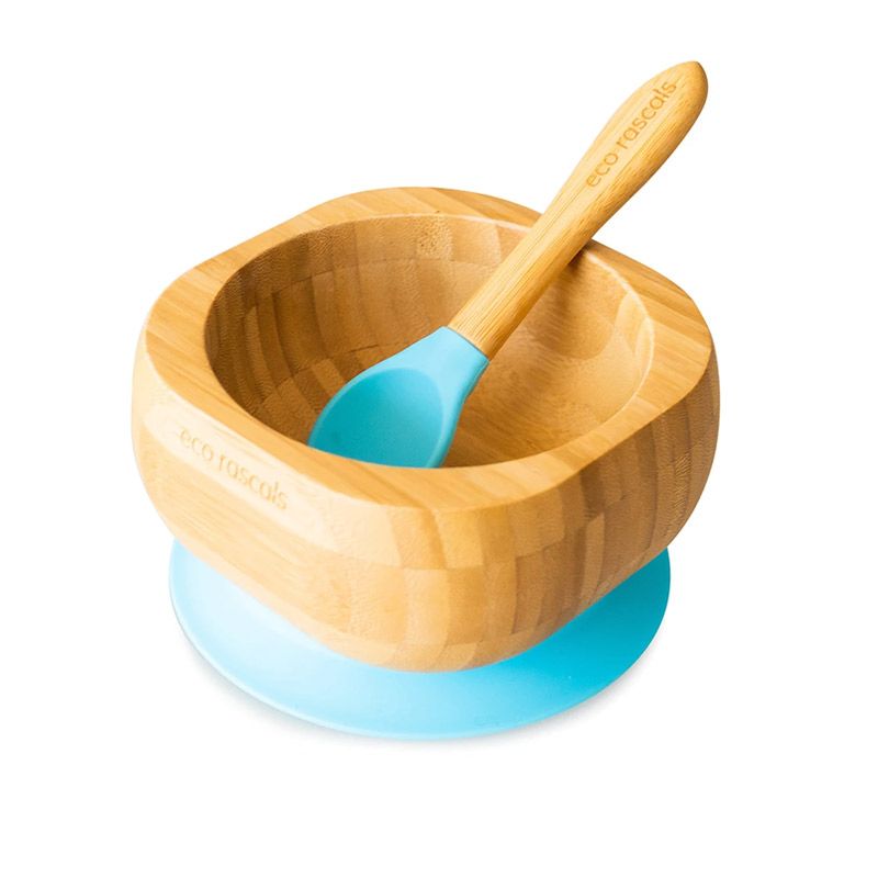 Bol + Cuchara de Madera de Bambú - Azul Para Comer ER_011